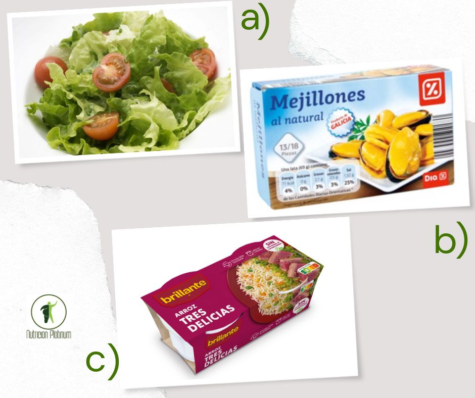 Ensalada de lechuga, cherrys y cebollino con mejillones al natural y arroz tres delicias.